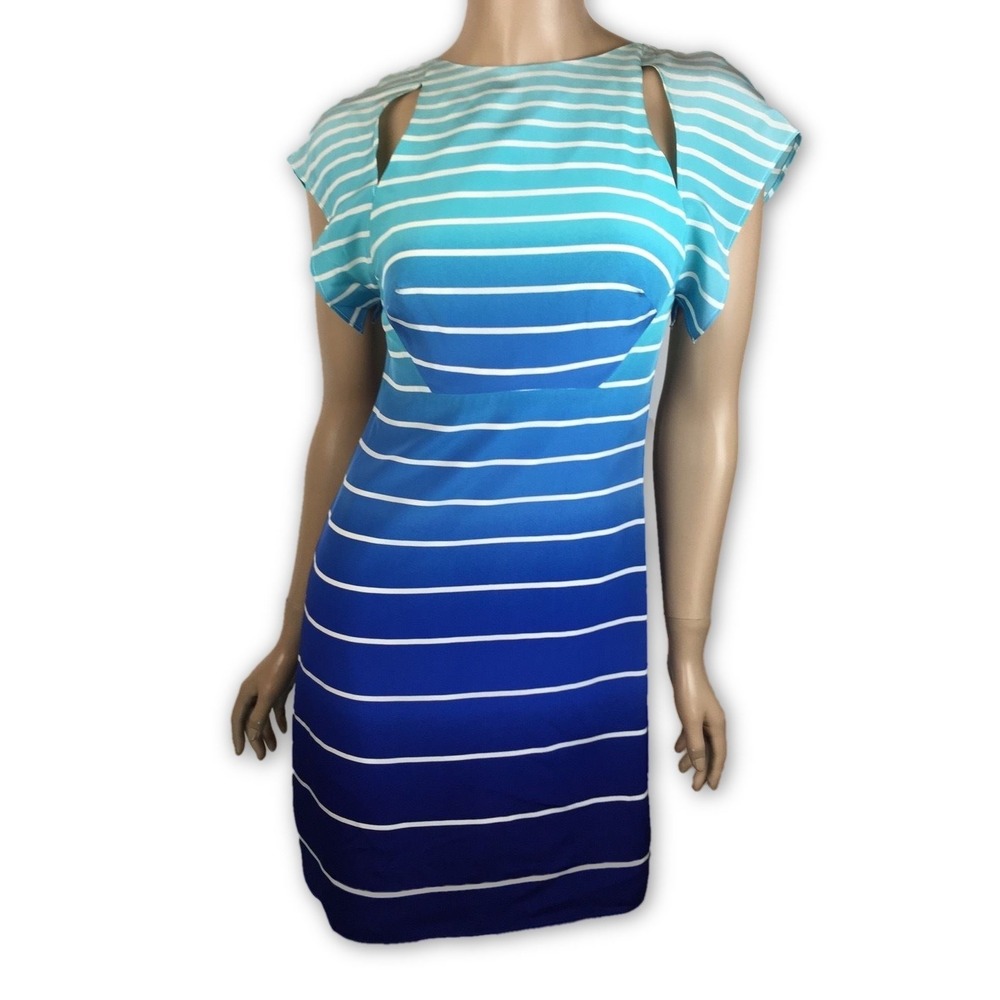 Misha Nonoo Size 2 Silk Dress Shades of Blue Stripe Cut Out Shoulders Cap Sleeve